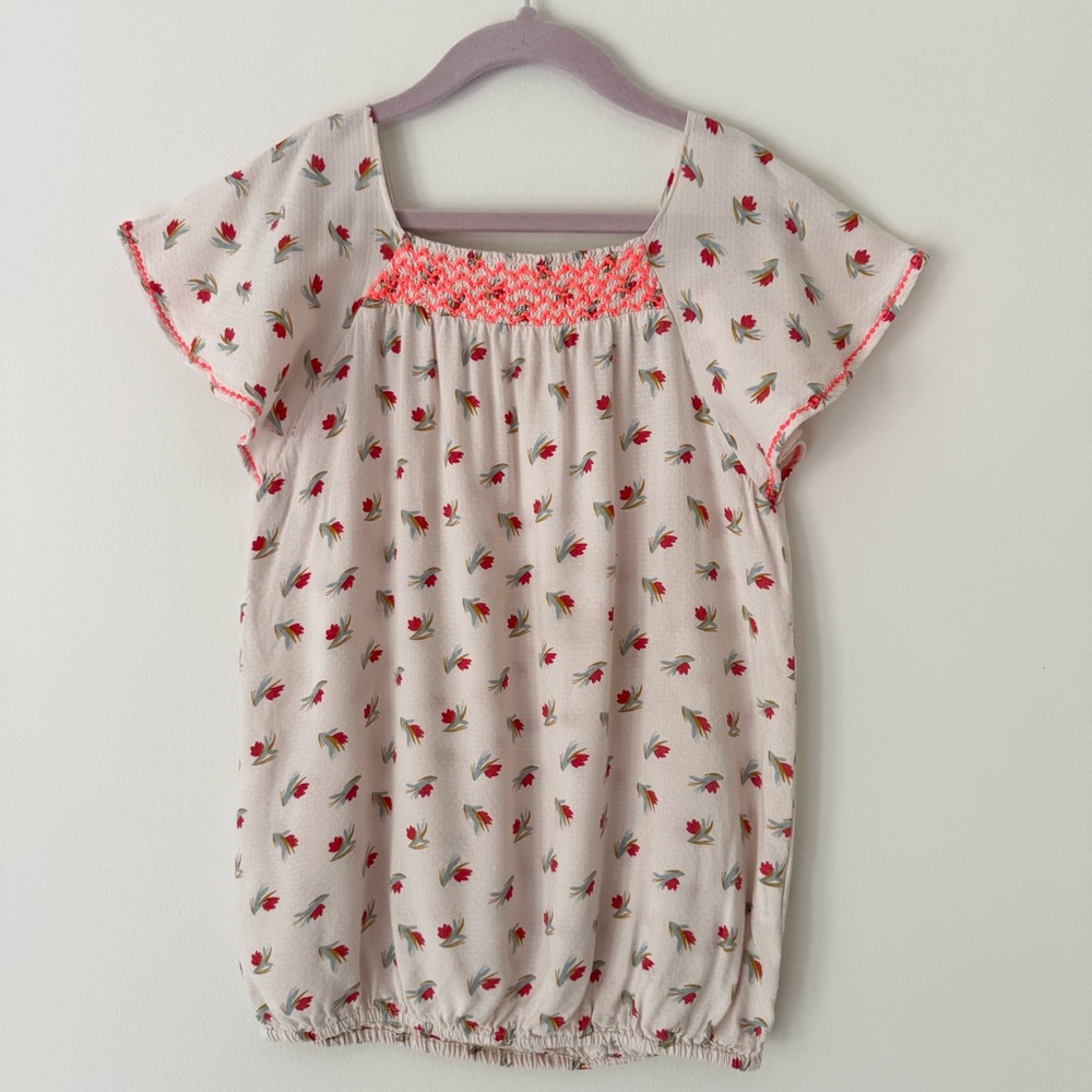 Bonheur du Jour Paris Floral Blouse with Flutter Sleeves & Smocked Neck Size 8